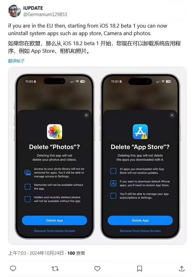 安仁苹果手机维修分享iOS 18.2 支持删除 App Store 应用商店 